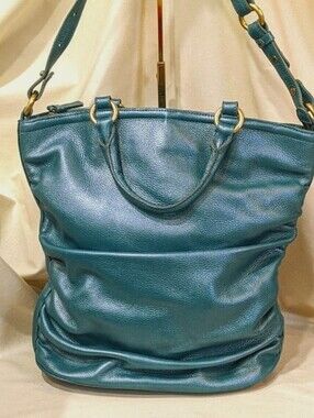 Brahmin Vivienne Metallic Teal Leather Ruched Tote Shoulder Bag Y2K